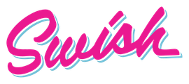 Pink cursive word “Swish” with a light blue drop shadow