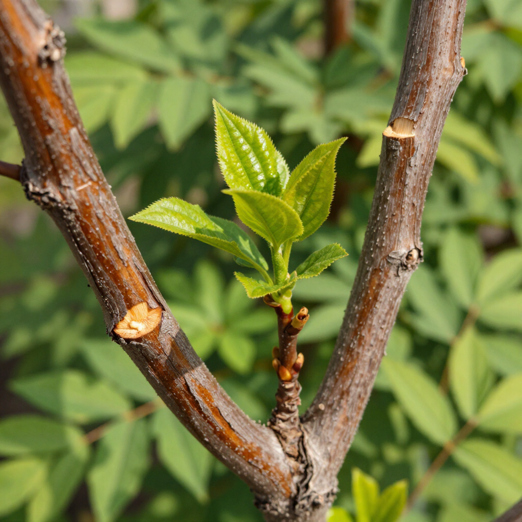 A close-up view of a young, green leafy shoot emerging from the V-shaped junction of two pruned brown tree branches.