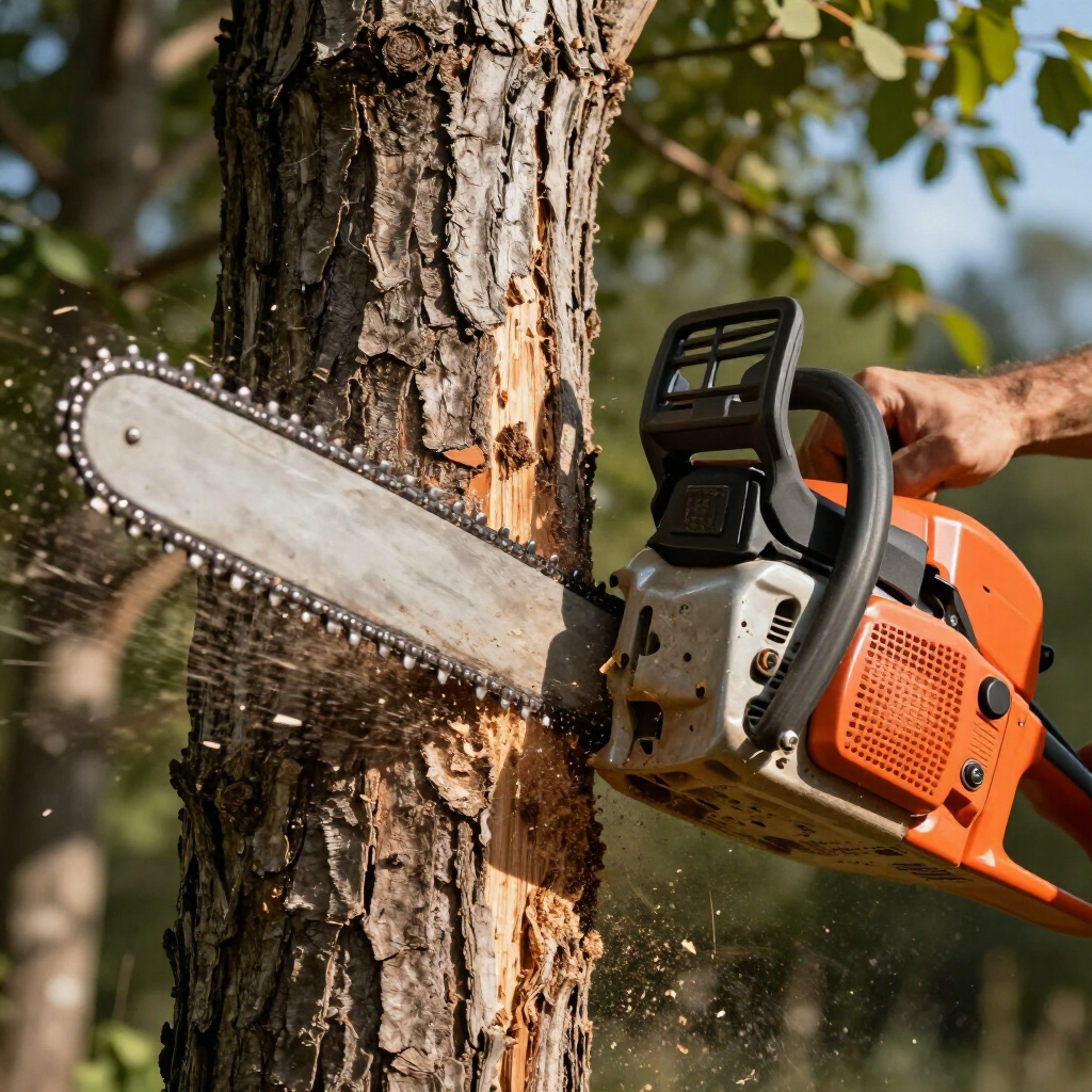 A person uses an orange chainsaw to cut into the trunk of a tree, creating flying wood chips in a wooded setting.