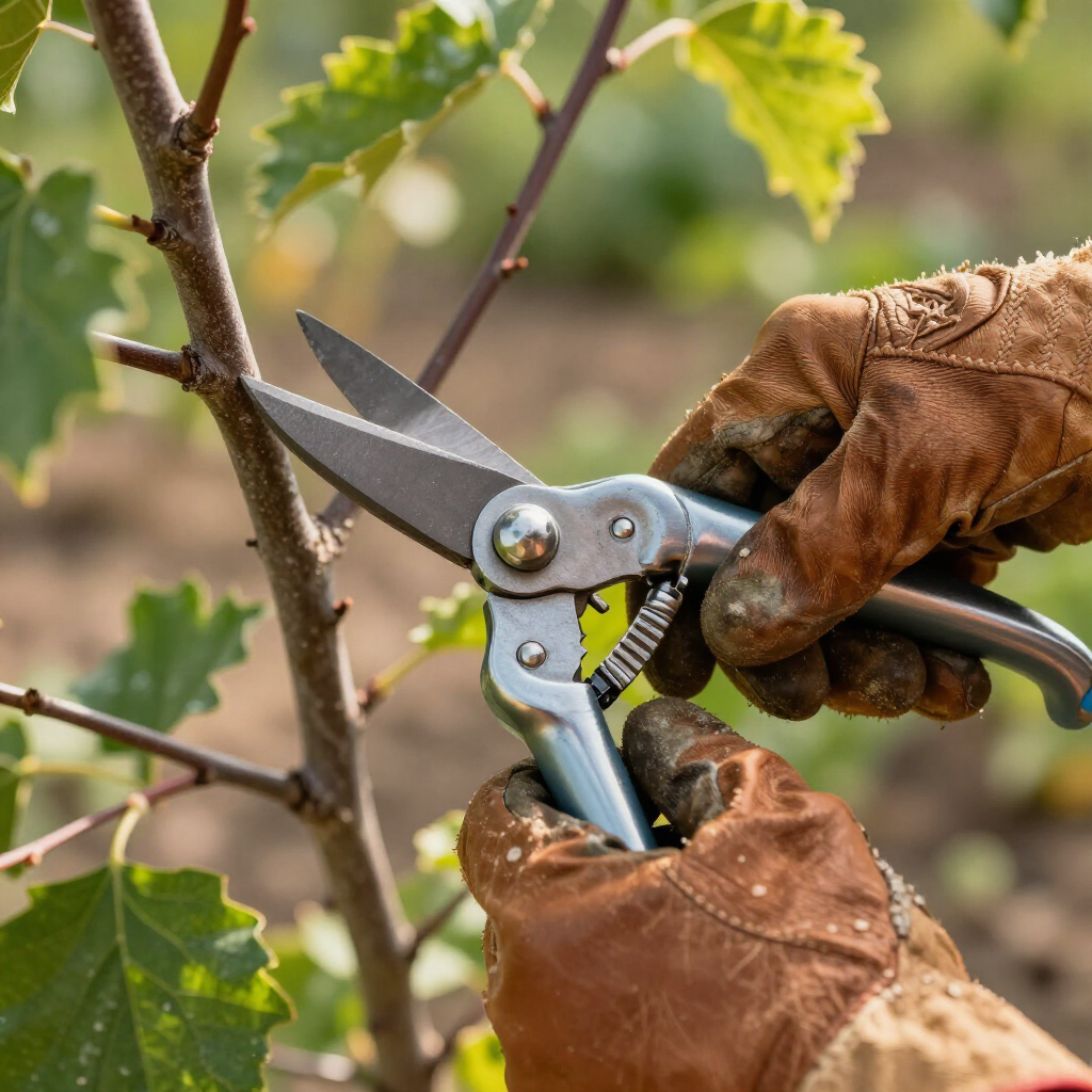 Hands in worn leather work gloves use metal shears to prune a small green tree branch.