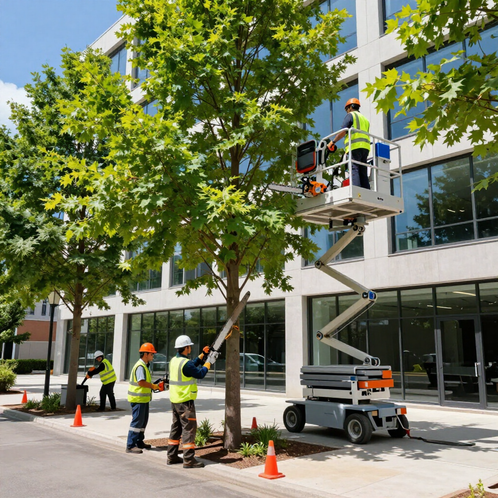 Three workers in high-visibility safety vests and hard hats prune trees outside a modern building with a scissor lift.