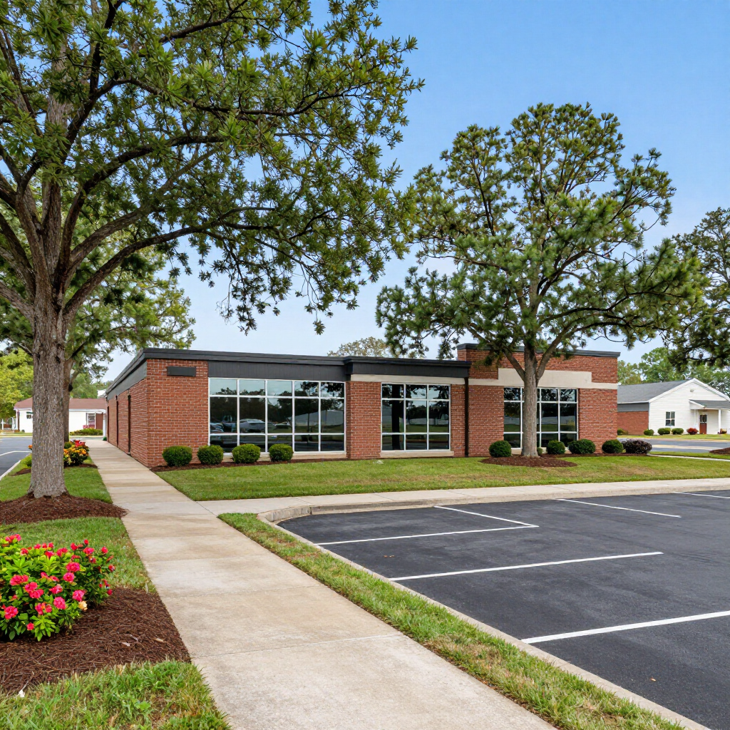 A red brick commercial building with large windows and a parking lot under a clear sky on a sunny day.