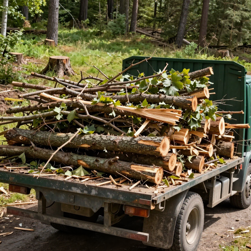 A green utility truck parked in a forest, carrying a large load of freshly cut logs and branches.