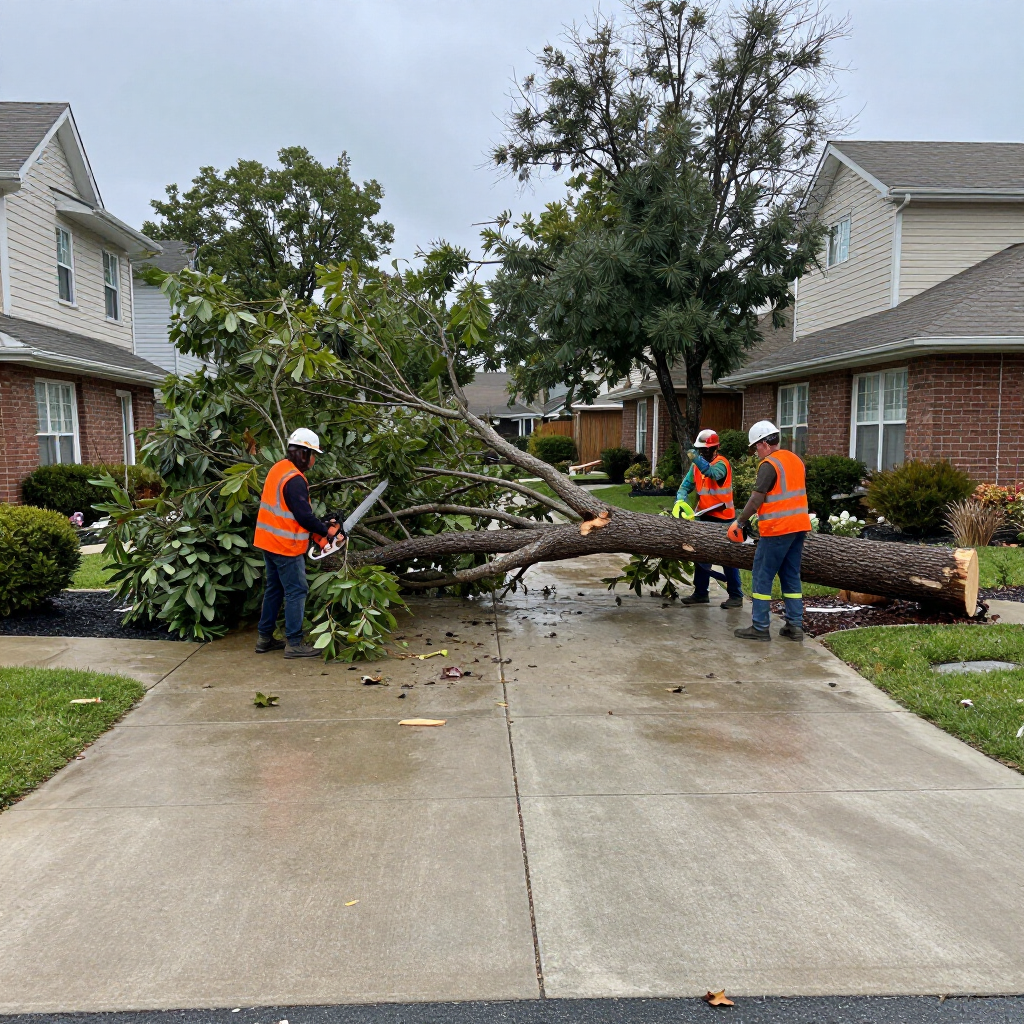 Three workers in high-visibility vests and hard hats use chainsaws to clear a fallen tree from a residential driveway.