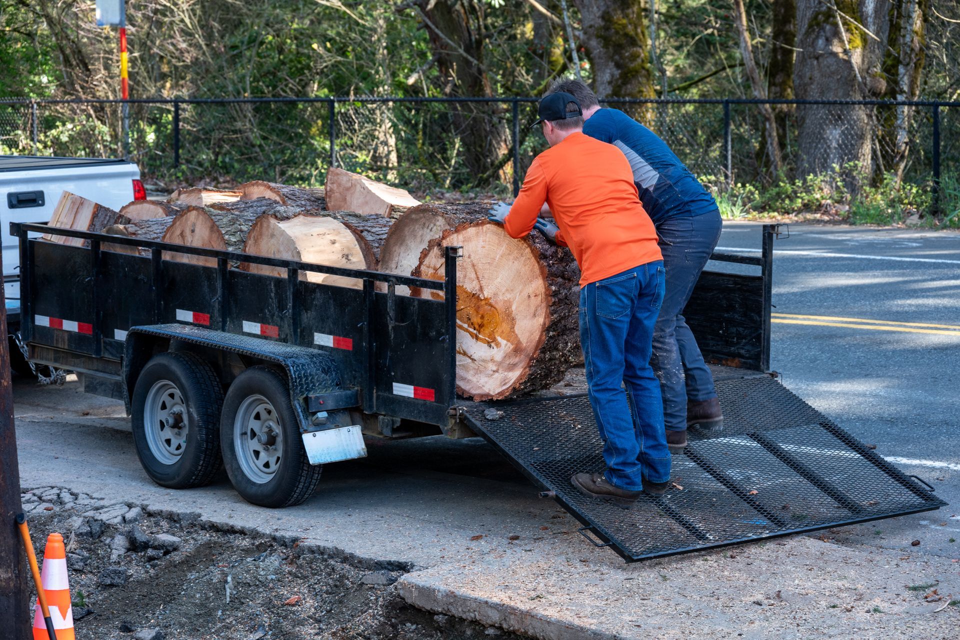 Two people load a large, heavy log onto a black utility trailer parked on an asphalt road near trees.