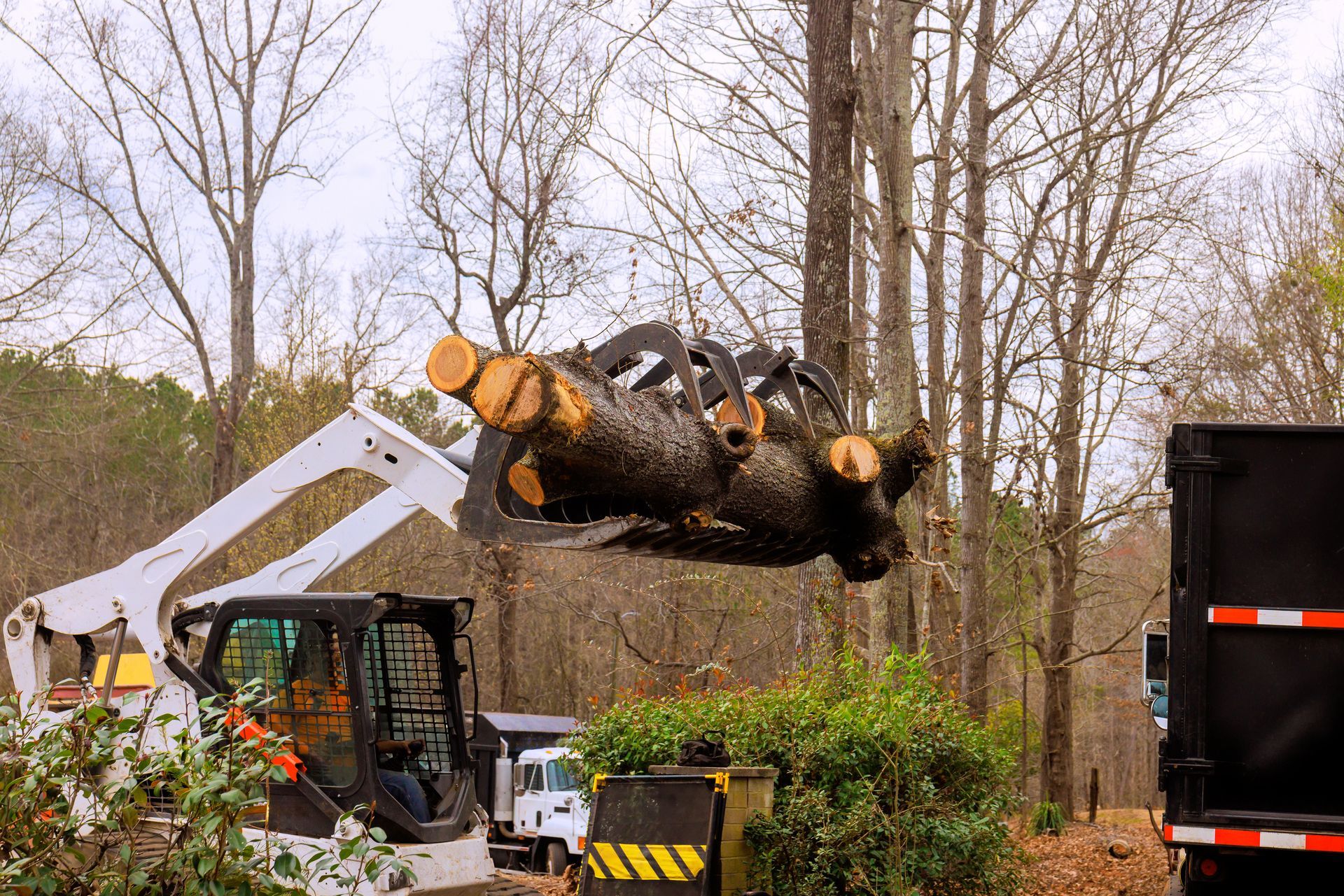A person in high-visibility work gear uses an orange felling lever to adjust a large tree stump in an outdoor setting.