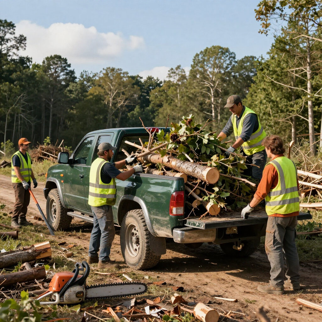 Four workers in safety vests load brush and logs into the bed of a green pickup truck in a wooded area.