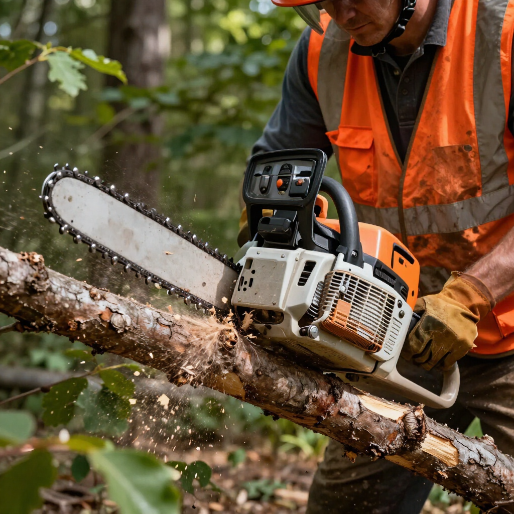 A worker in an orange safety vest uses a chainsaw to cut through a fallen log in a wooded area.
