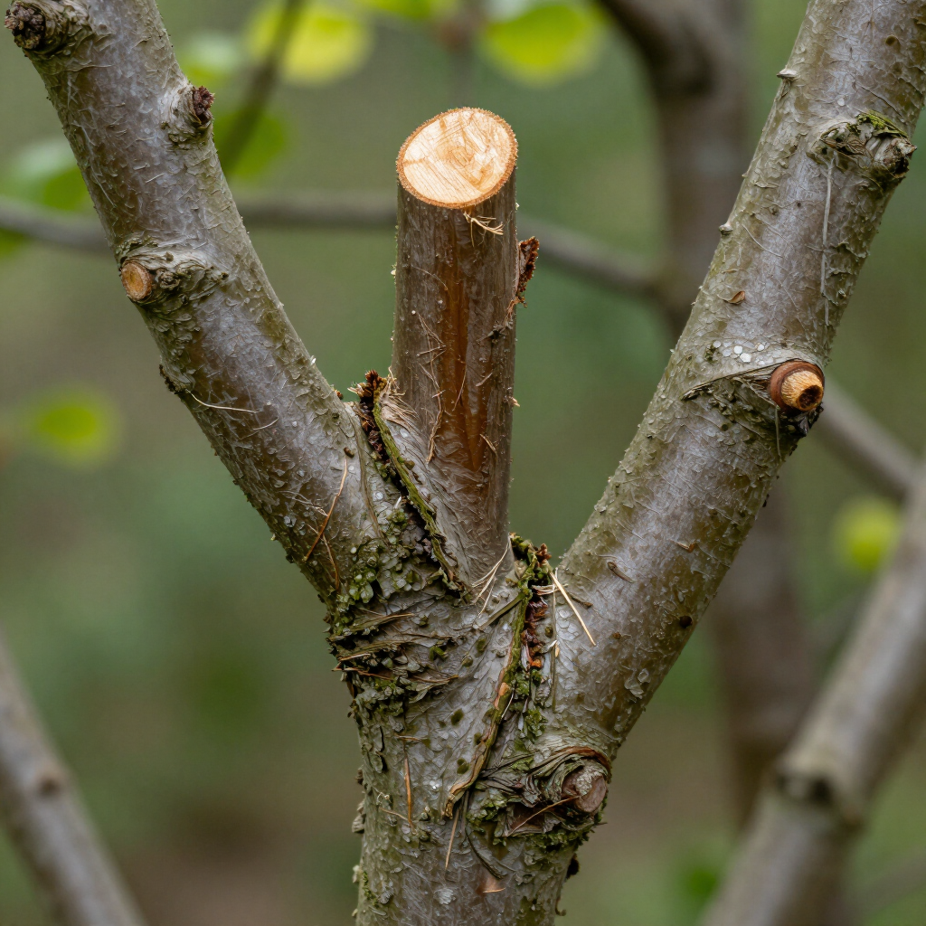 A close-up of a tree trunk with a central branch pruned to a stub, positioned between two larger, V-shaped branches.