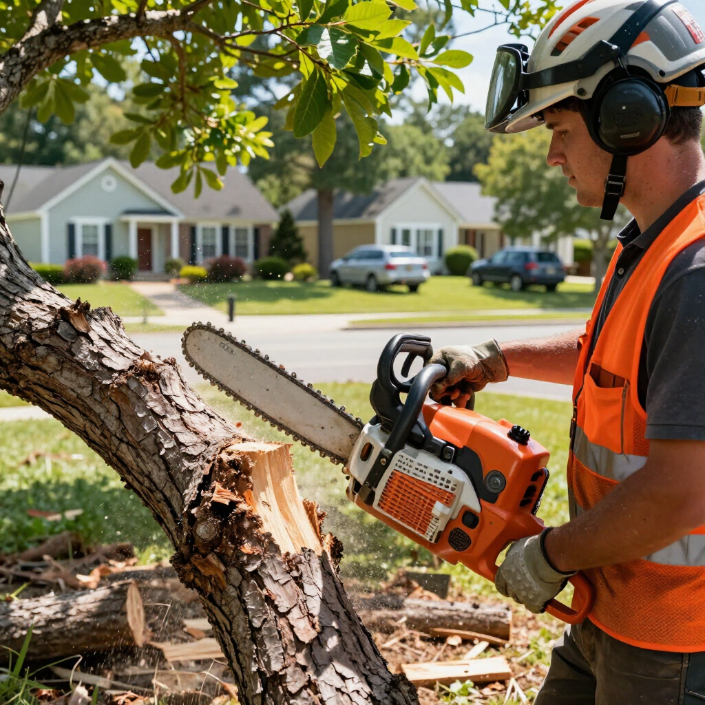 An arborist wearing safety gear uses a chainsaw to cut a tree limb in a residential neighborhood.