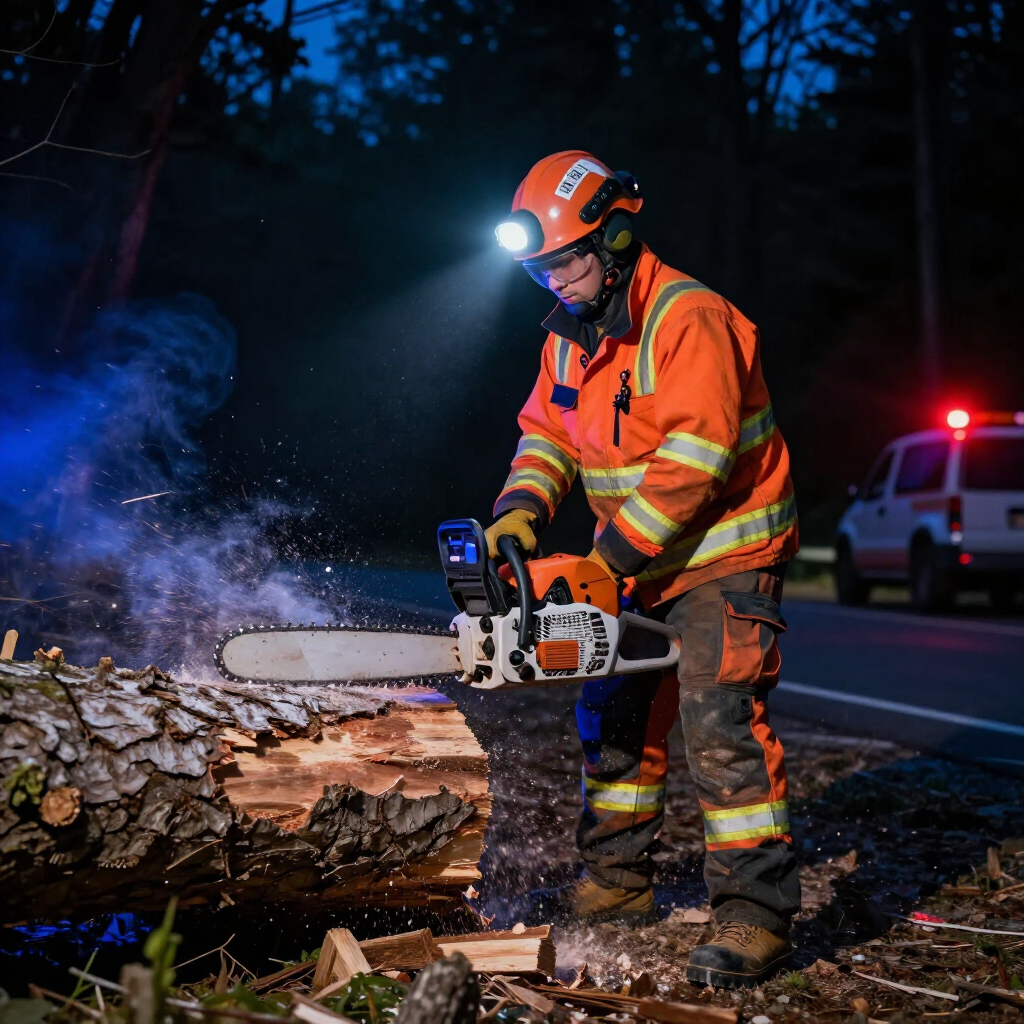 A worker in high-visibility orange gear uses a chainsaw to clear a fallen tree on a road at night.