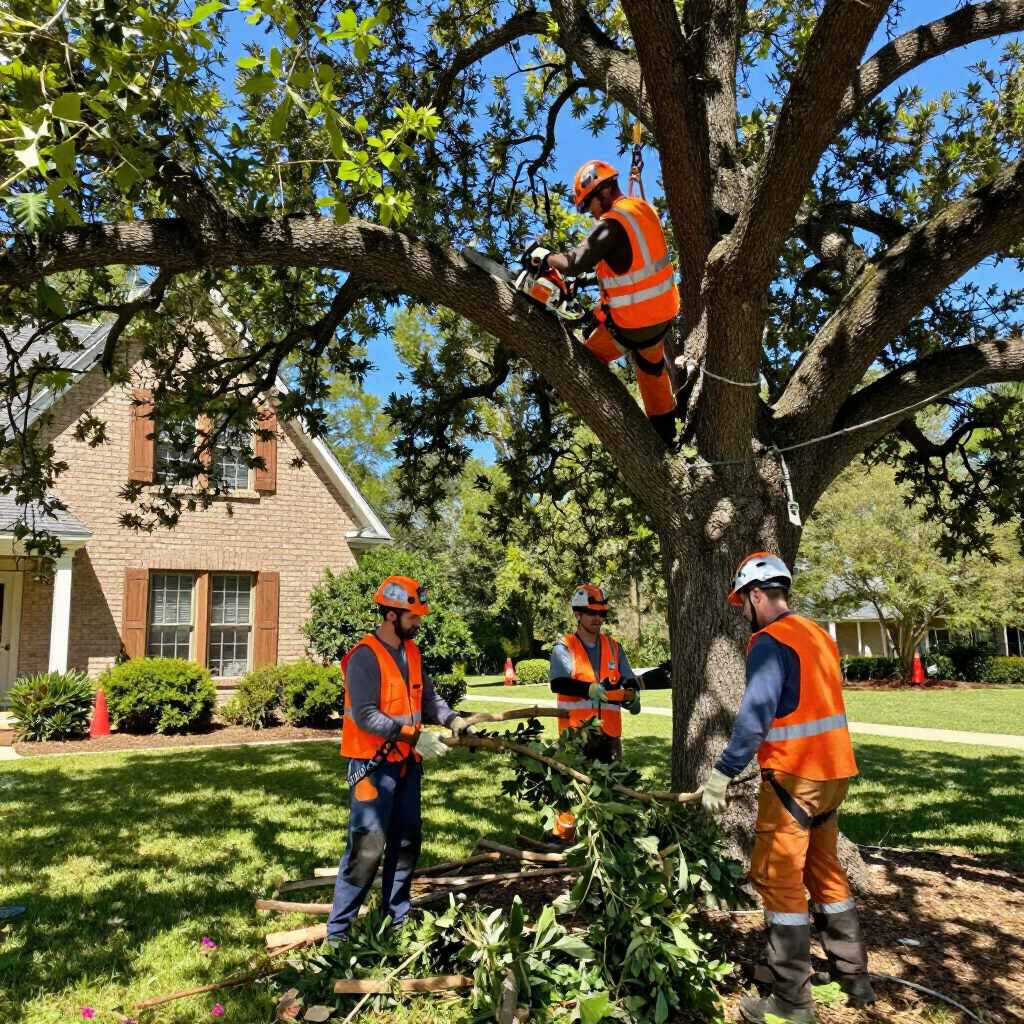 Three arborists in safety gear trim a large oak tree in a residential yard near a brick house on a sunny day.