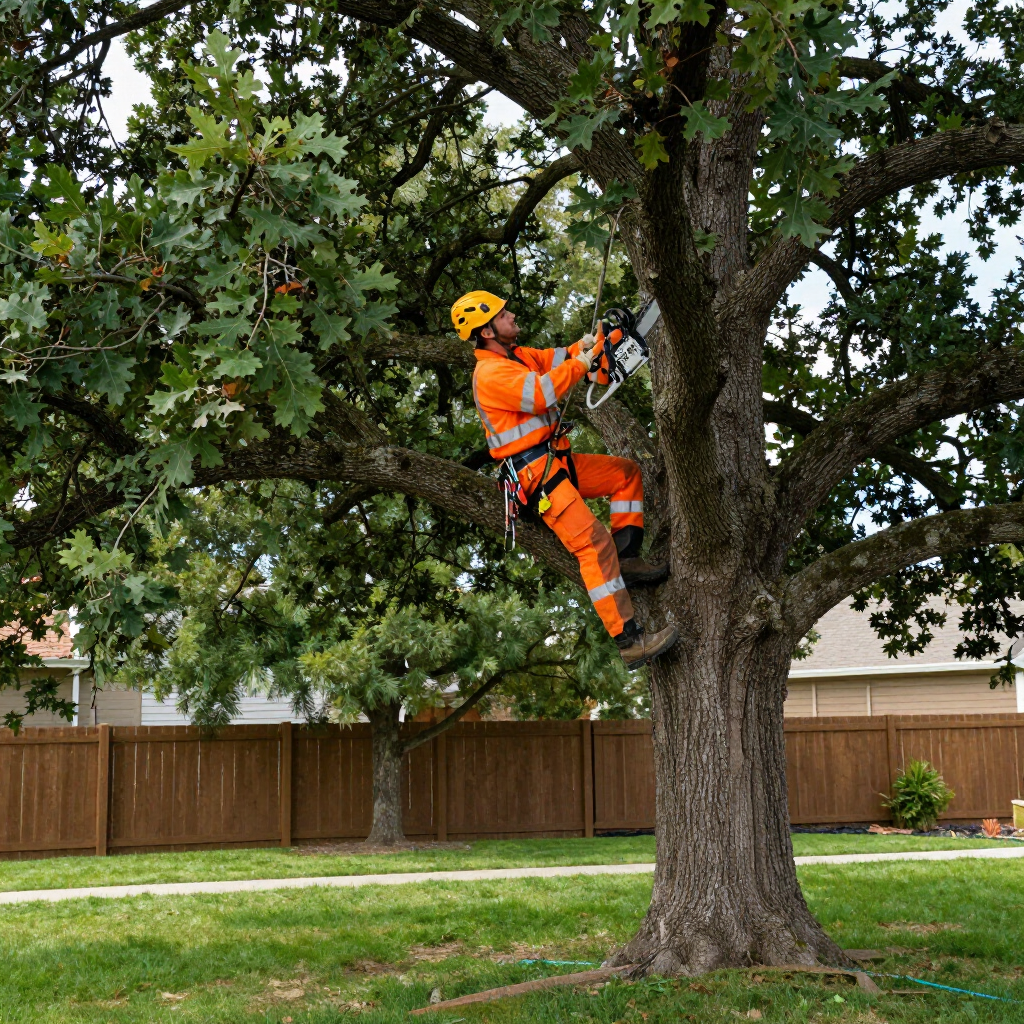 An arborist in high-visibility gear and a yellow helmet uses a chainsaw to trim branches in a large, mature oak tree.