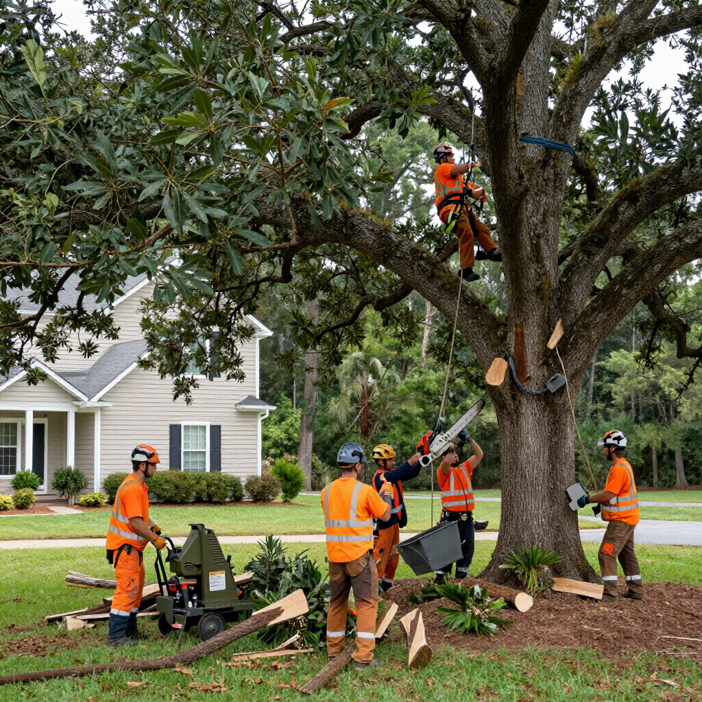 A tree care crew in orange high-visibility vests works to prune a large oak tree in a residential yard.