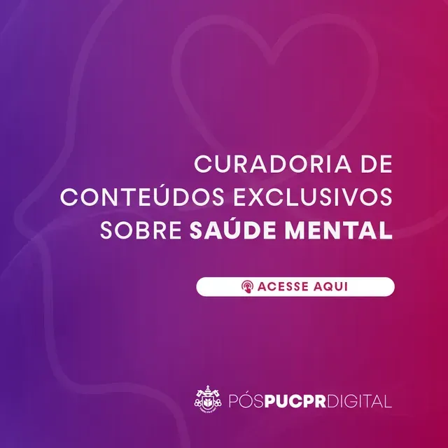 A purple and pink poster that says curadoria de conteudo exclusivos sobre saúde mental