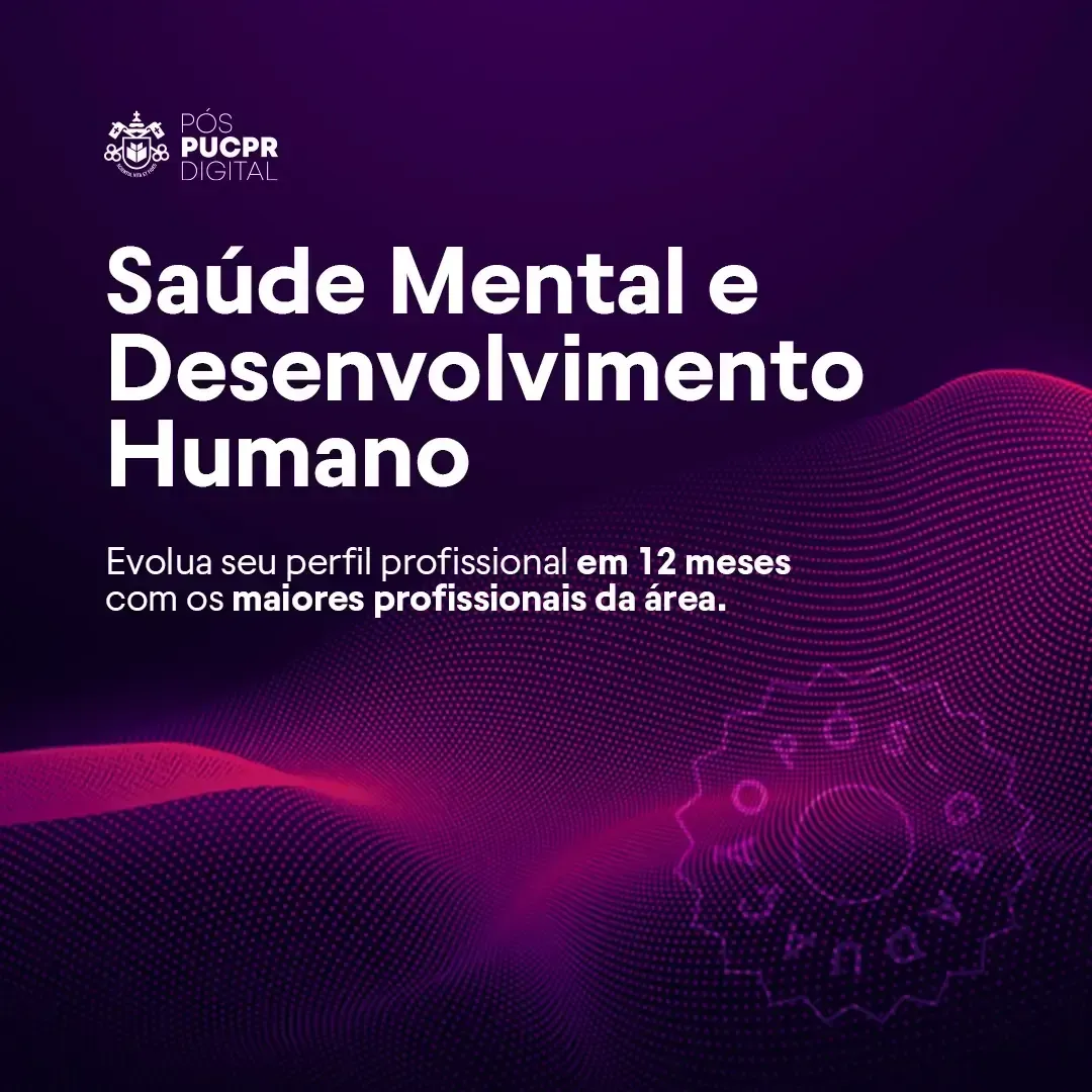 Poster promoting a mental health and human development program by PUCPR. Features text on a purple background.