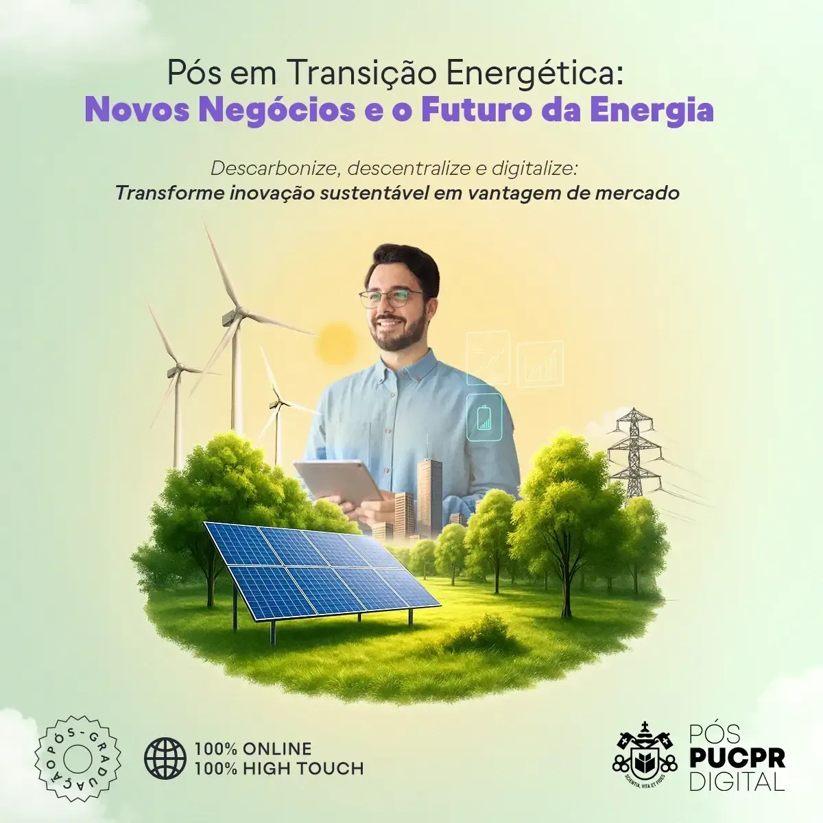 A man is holding a tablet in front of a solar panel and windmills.