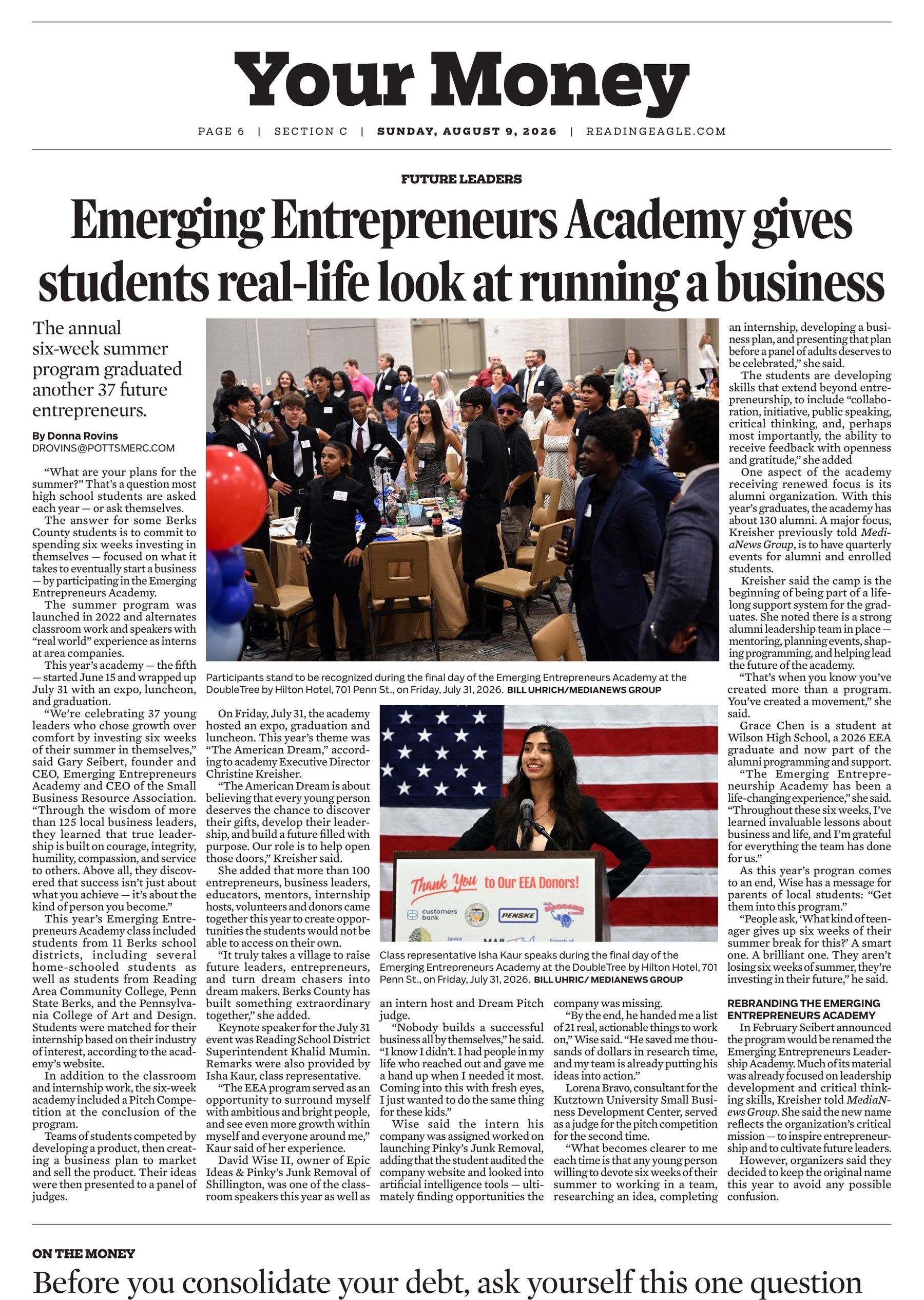 Reading Eagle 2022 Article on the Emerging Entrepreneurs Academy in Berks County, PA