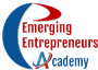 Logo for Emerging Entrepreneurs Academy: Blue and red crescent with text, 