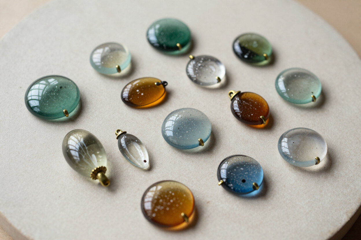Varias cuentas de vidrio de colores dispuestas sobre una superficie clara.