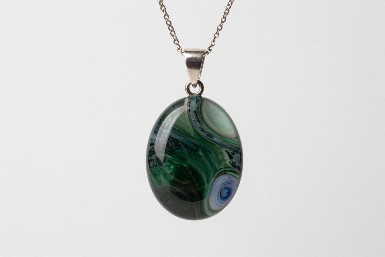 Colgante ovalado de piedra preciosa verde en una cadena de plata con patrones en espiral de color verde oscuro y claro.