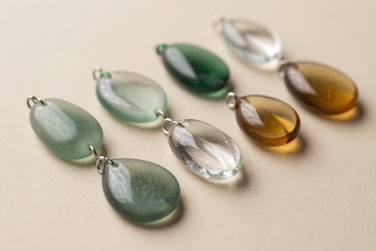 Colgantes de cristal en forma de lágrima surtidos en verde, transparente y ámbar sobre una superficie beige.