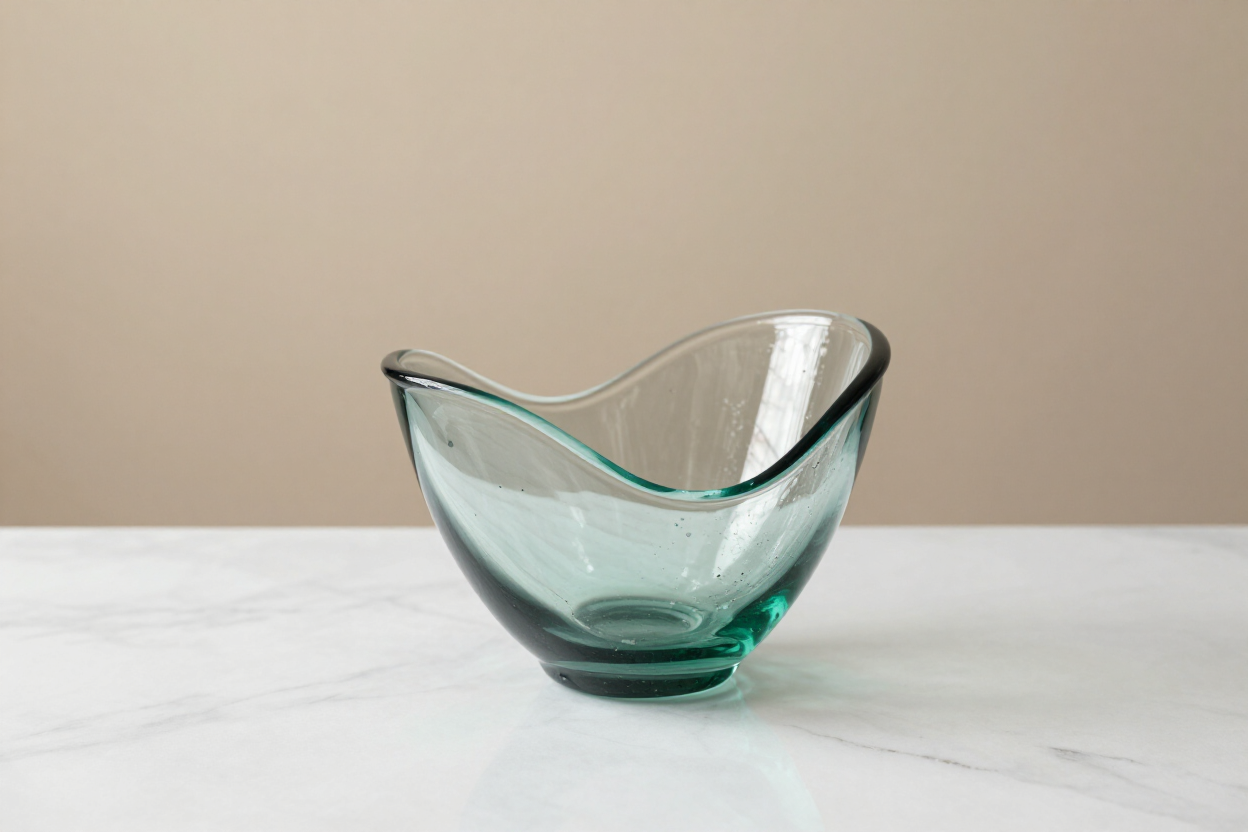 Bol de cristal color verde azulado con borde ondulado sobre una superficie blanca sobre un fondo beige.