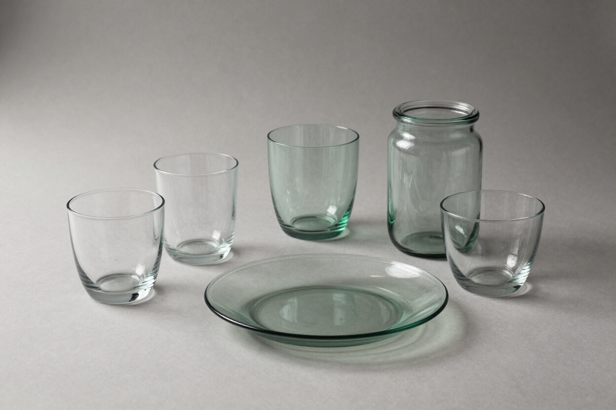 Cinco vasos de vidrio transparente, un frasco y un plato dispuestos sobre una superficie gris claro.