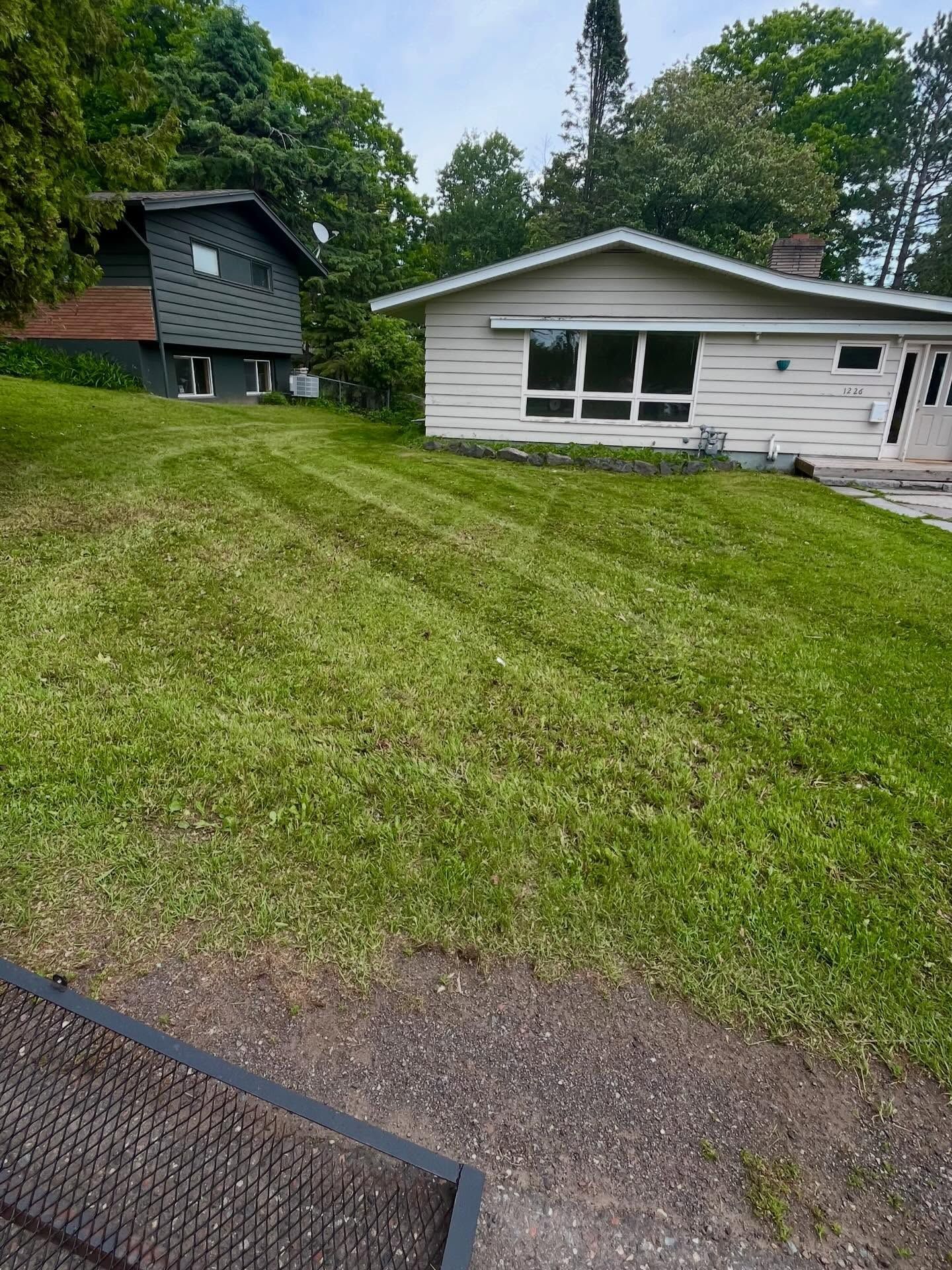 Two houses on a grassy slope, with a dark cabin on the left and a white house on the right.
