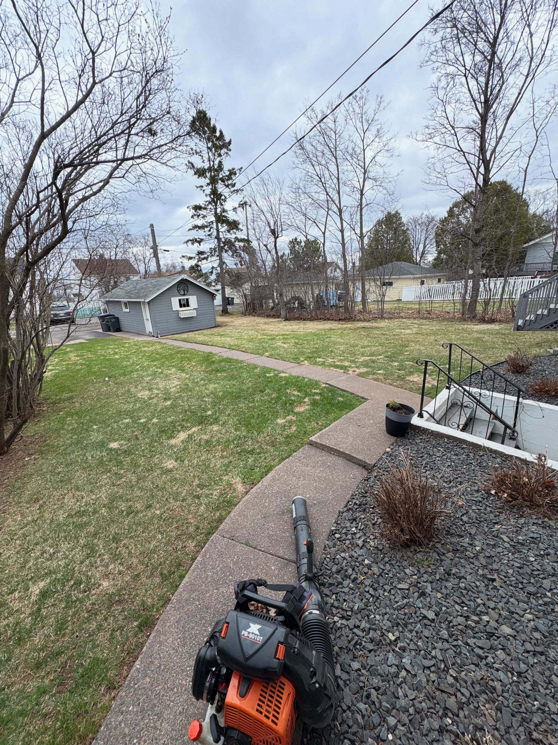 Curved backyard walkway with lawn, bare trees, and a leaf blower in the foreground.