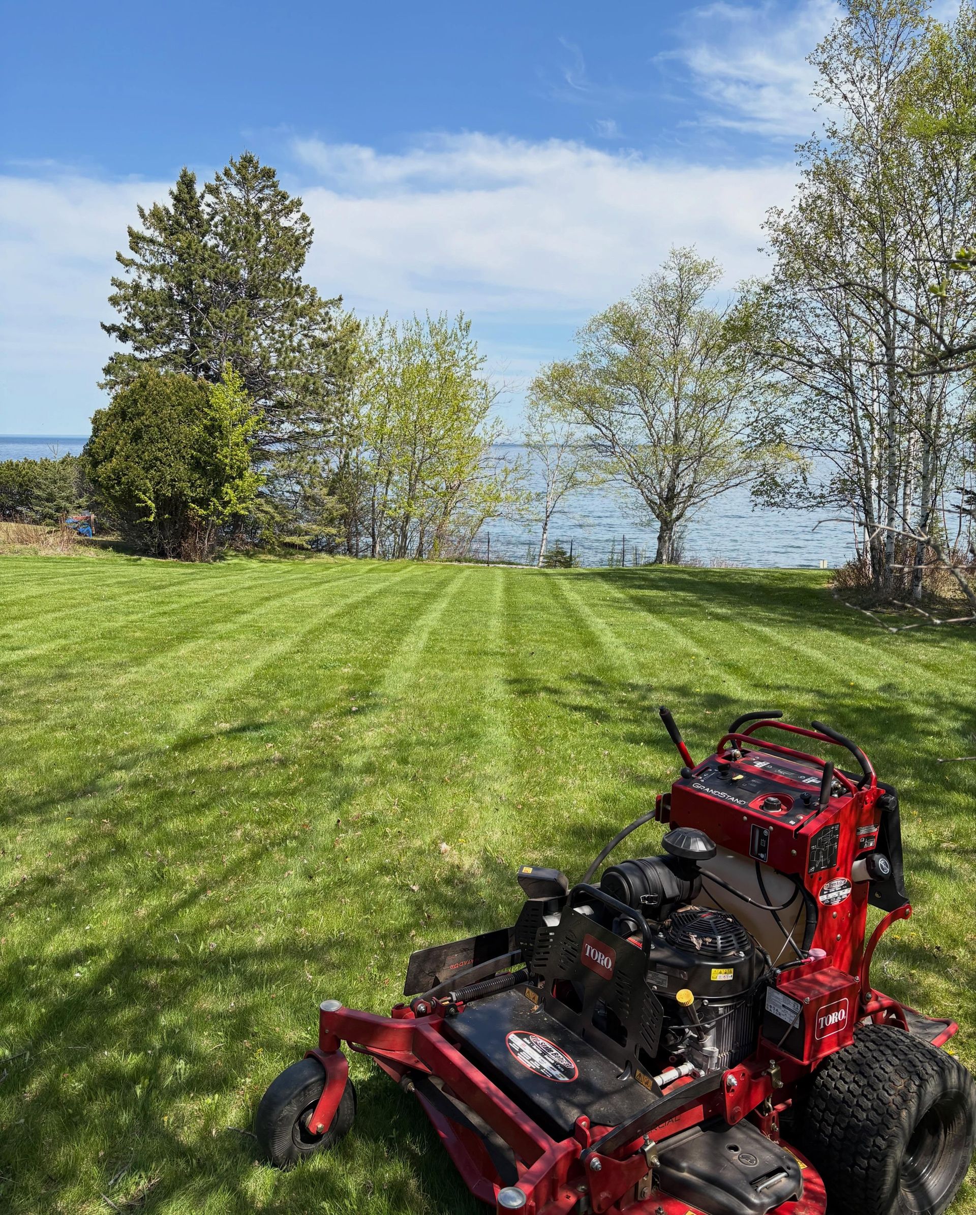 Red lawn mower on a grassy lakeside lawn with trees and blue water in the background
