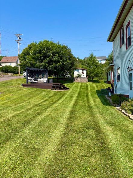 Freshly mowed green lawn beside a driveway, with trees, shrubs, and a house exterior.