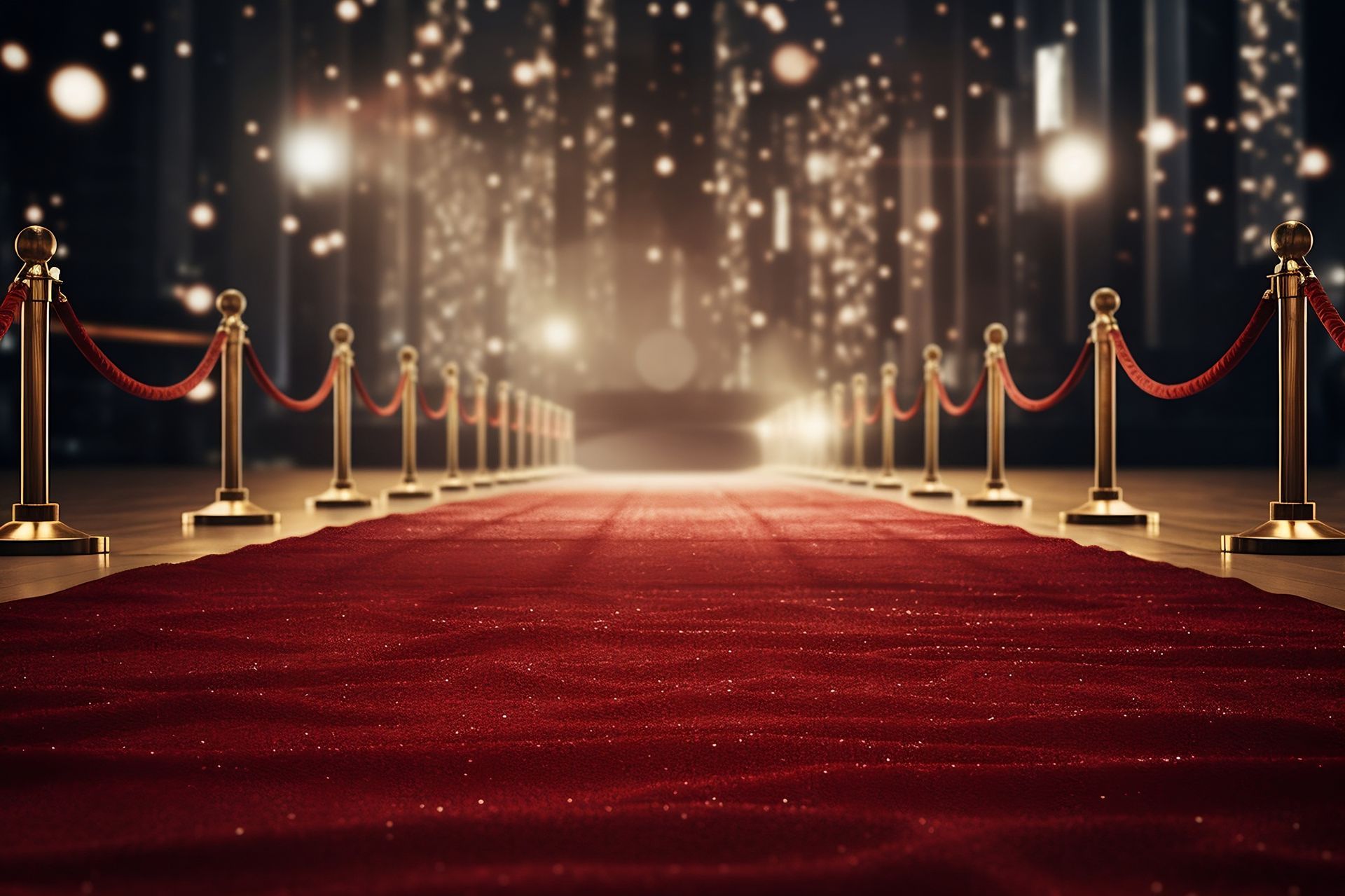 A red carpet leading to a stage with rope barriers.