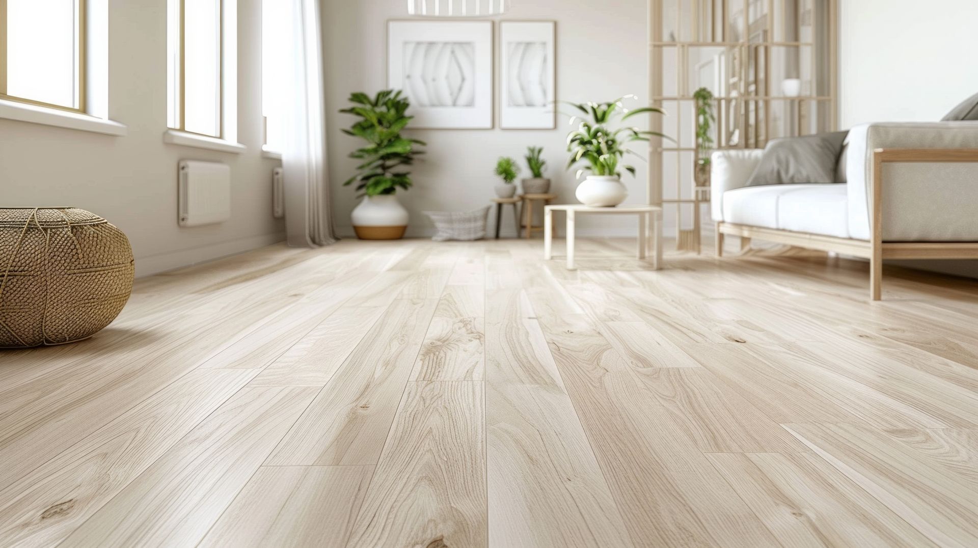 Light wood-floored room with white walls, large windows, and a couch. Green plants and minimalist decor.