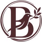 A dark brown circular logo featuring a stylized letter "B" integrated with a bird carrying a small leafy branch.