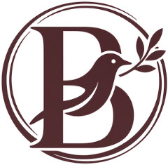 A dark brown circular logo featuring a stylized letter "B" integrated with a bird carrying a small leafy branch.