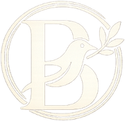 A cream-colored logo featuring the letter "B" stylized as a bird holding an olive branch, enclosed in a thin circle.