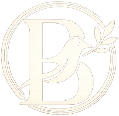 A cream-colored logo featuring the letter "B" stylized as a bird holding an olive branch, enclosed in a thin circle.