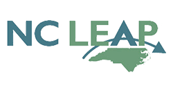 NC LEAP logo with teal text and a green outline of North Carolina with an arched blue line and arrow.