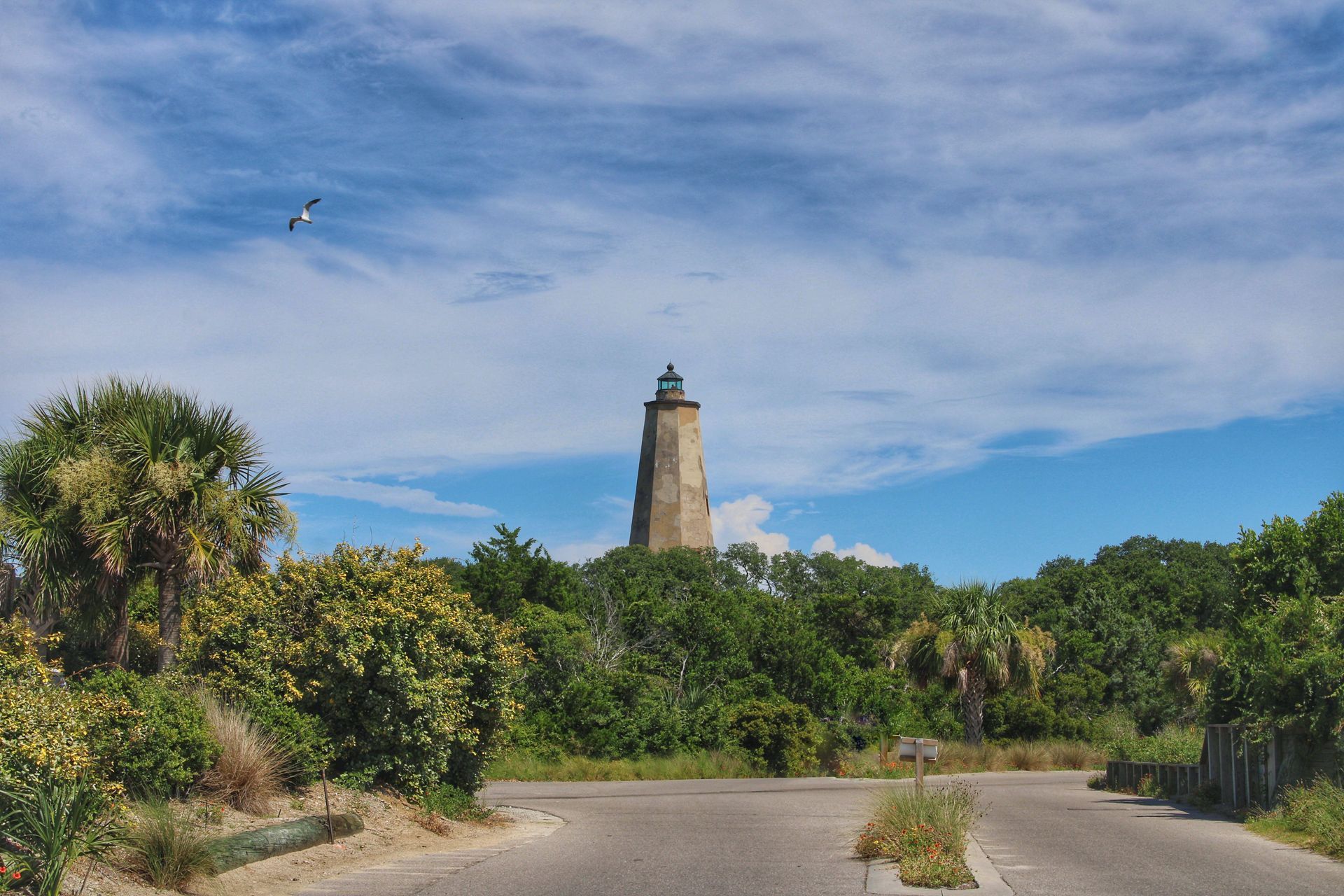 Brown lighthouse atop a hill surrounded by green trees under a blue sky.