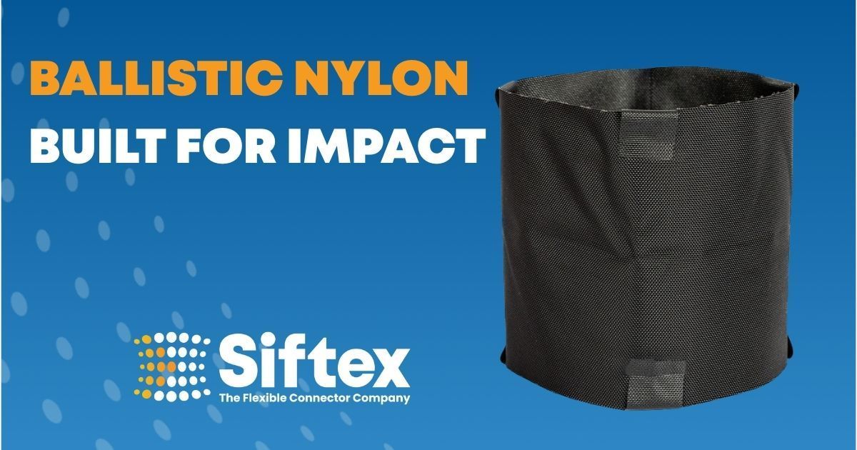 Ballistic nylon container, black, on a blue background. Text: 