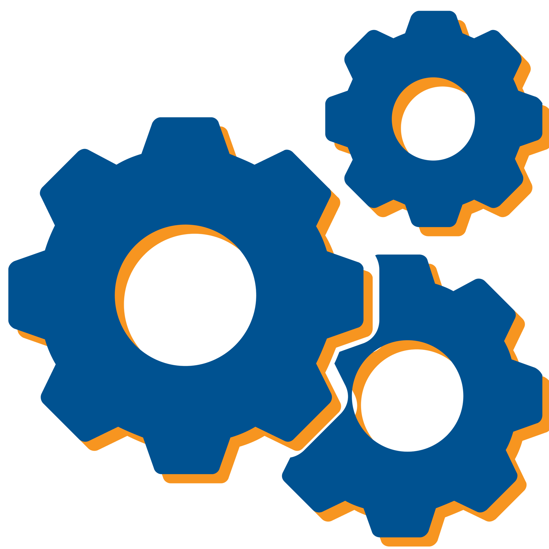 Three blue gears with orange outlines on a white background