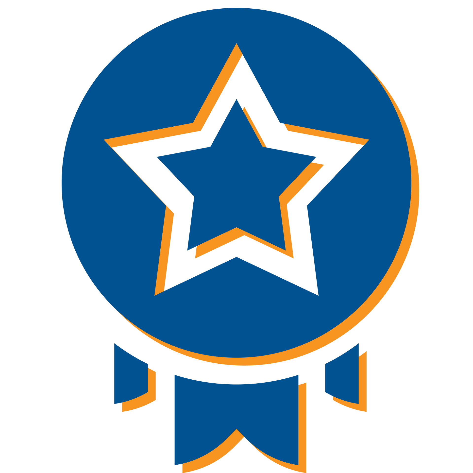 Blue circular award badge with a white star and orange accents, with ribbon tails below