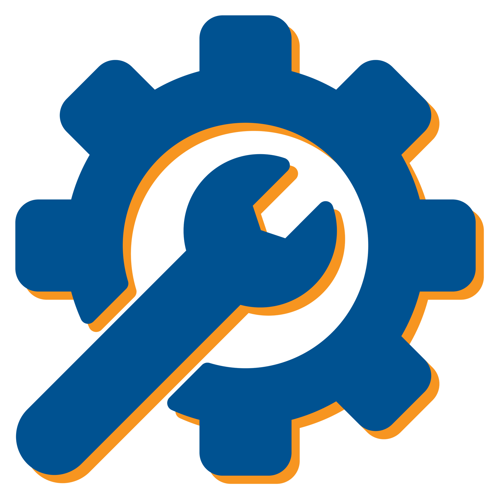 Blue gear with orange wrench icon, representing maintenance or settings