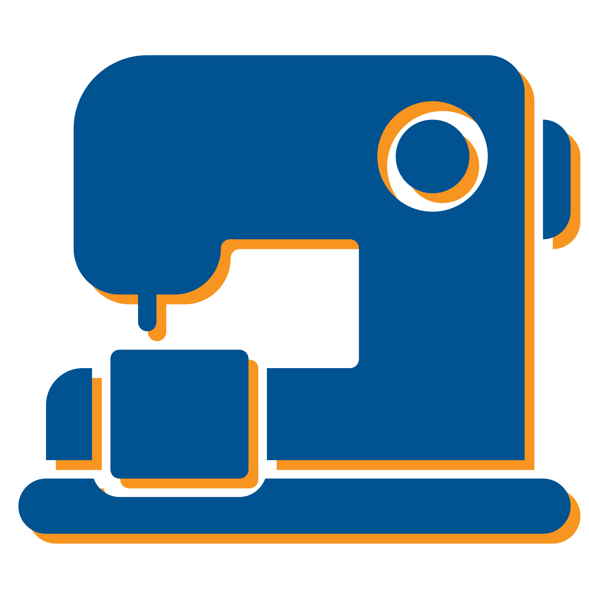Blue sewing machine icon with orange accents and a thread spool, shown on a white background