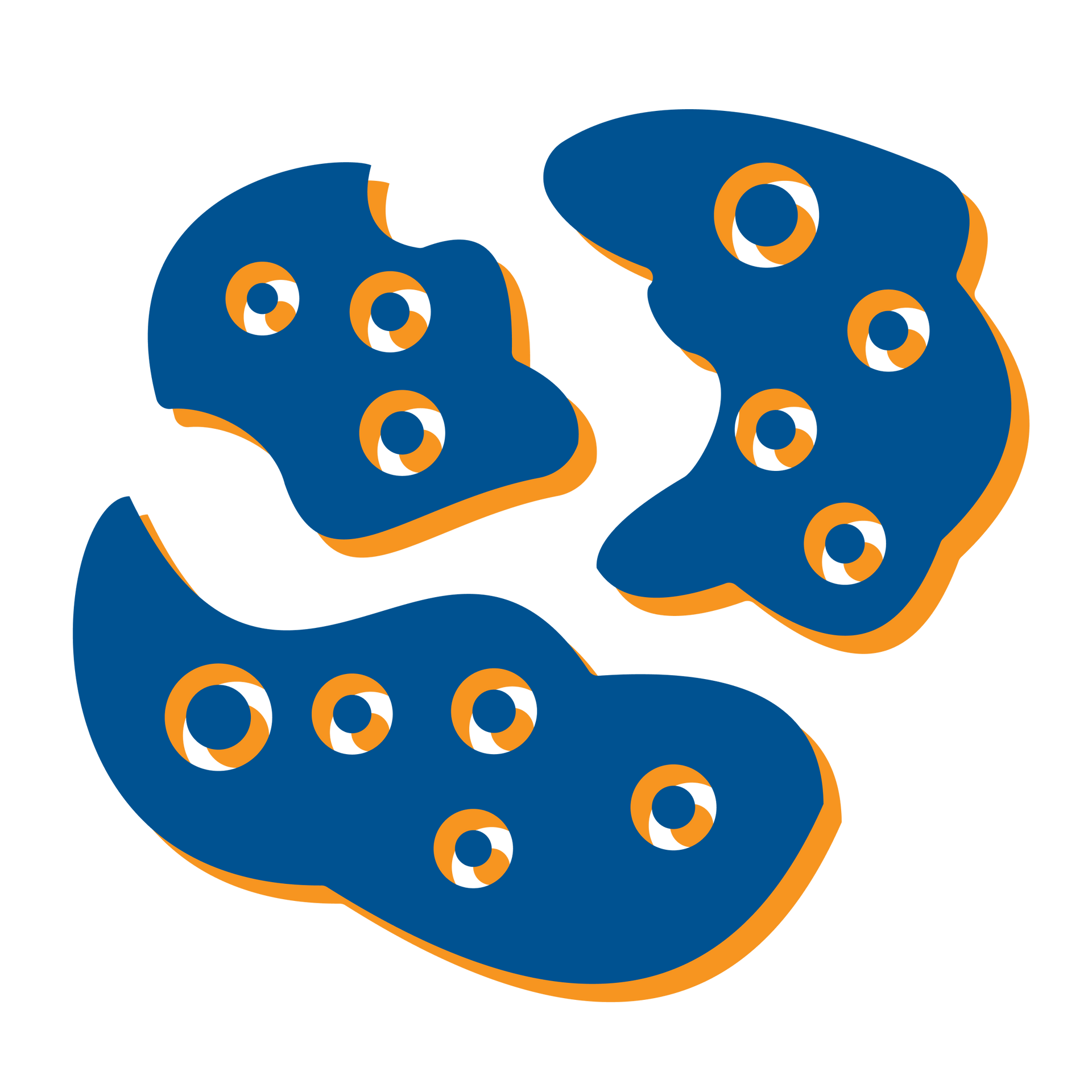 Three abstract blue and orange shapes with white circles on a white background