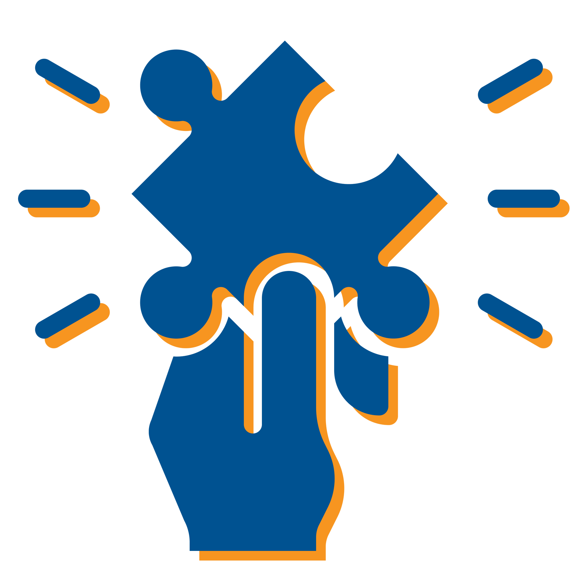 Blue-and-orange hand holding a puzzle piece, symbolizing problem-solving or support