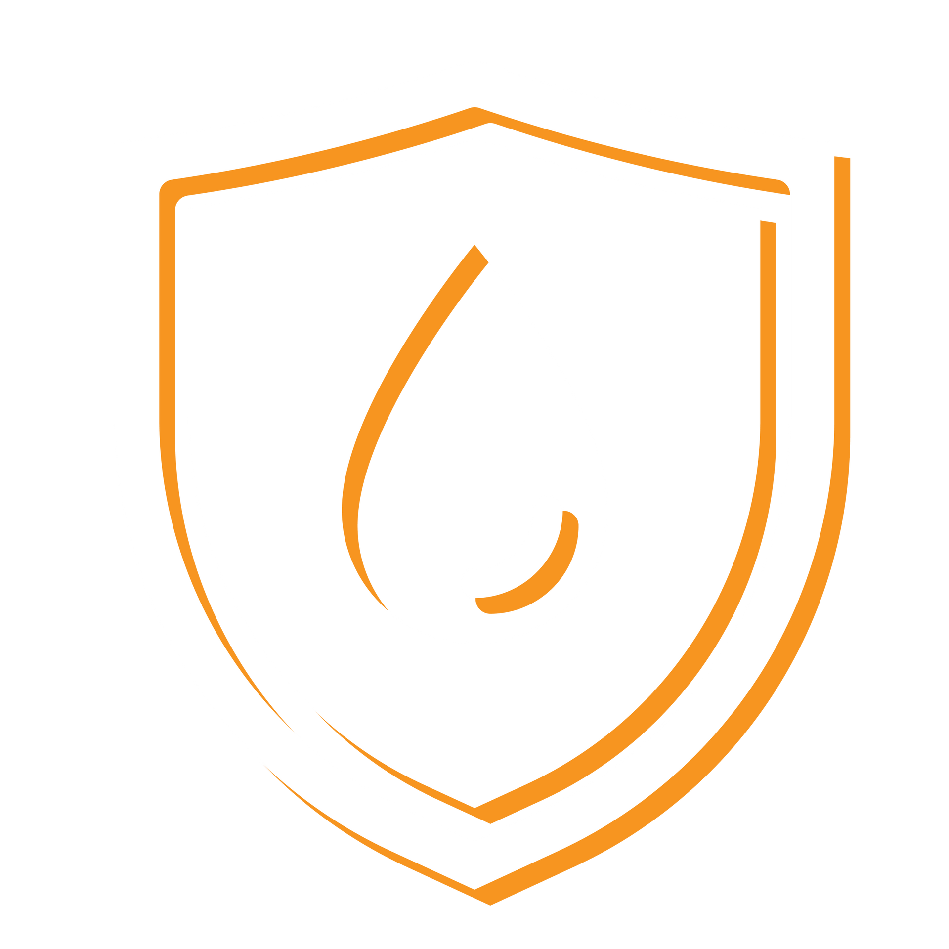 Orange shield icon with a stylized drop symbol inside on a white background