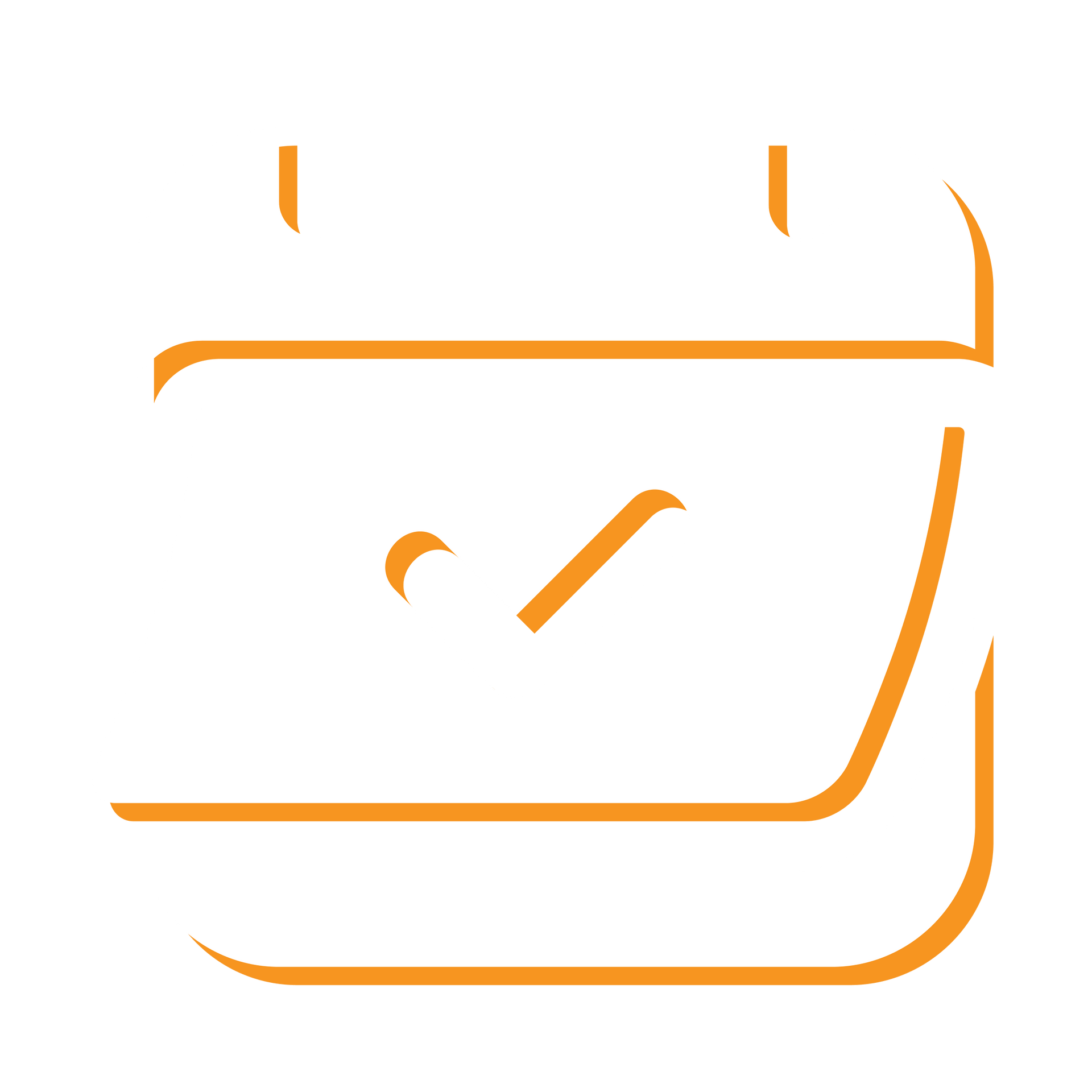 Orange outline of a calendar with a checkmark.
