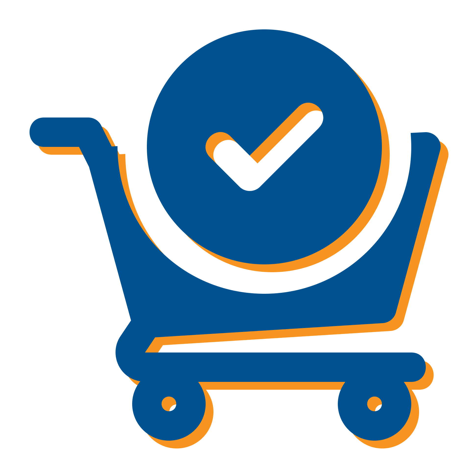 Blue shopping cart with orange accents and a blue checkmark badge inside a circle.